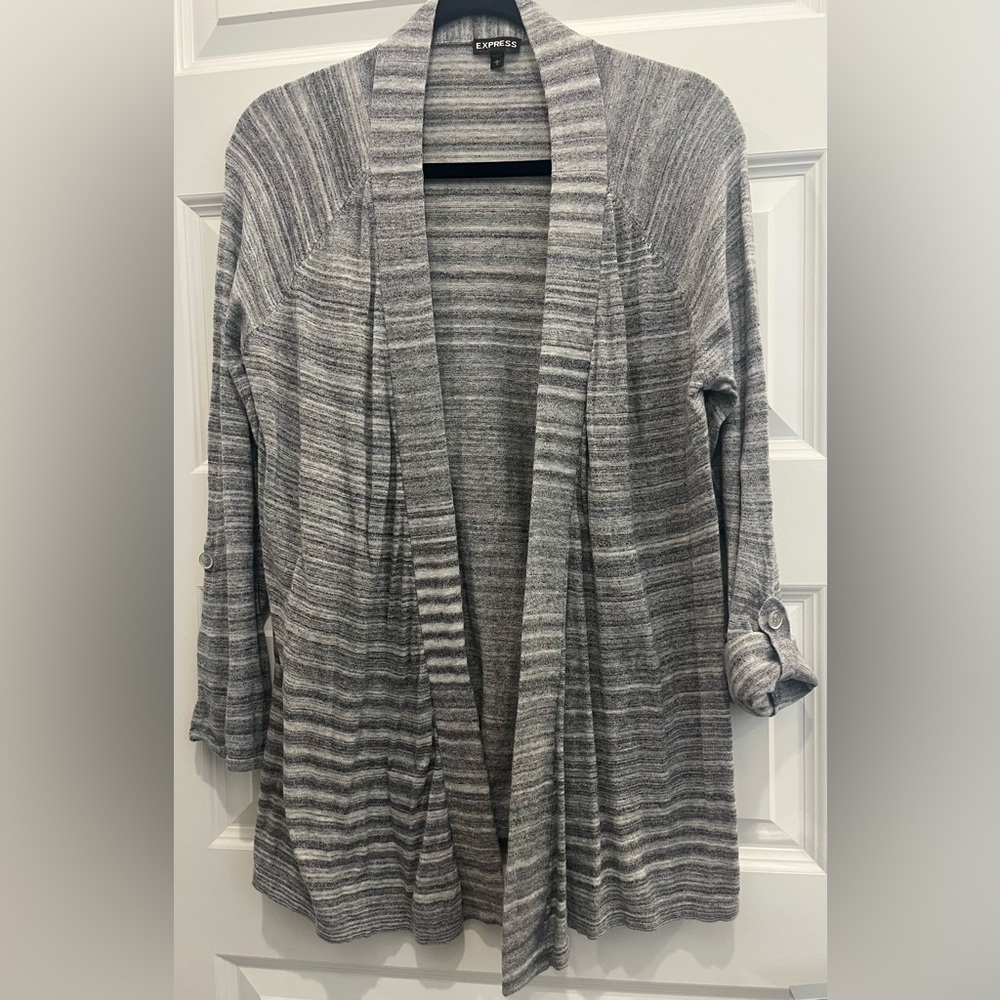 Express Gray Women’s Cotton Striped/Marled Open Cardigan